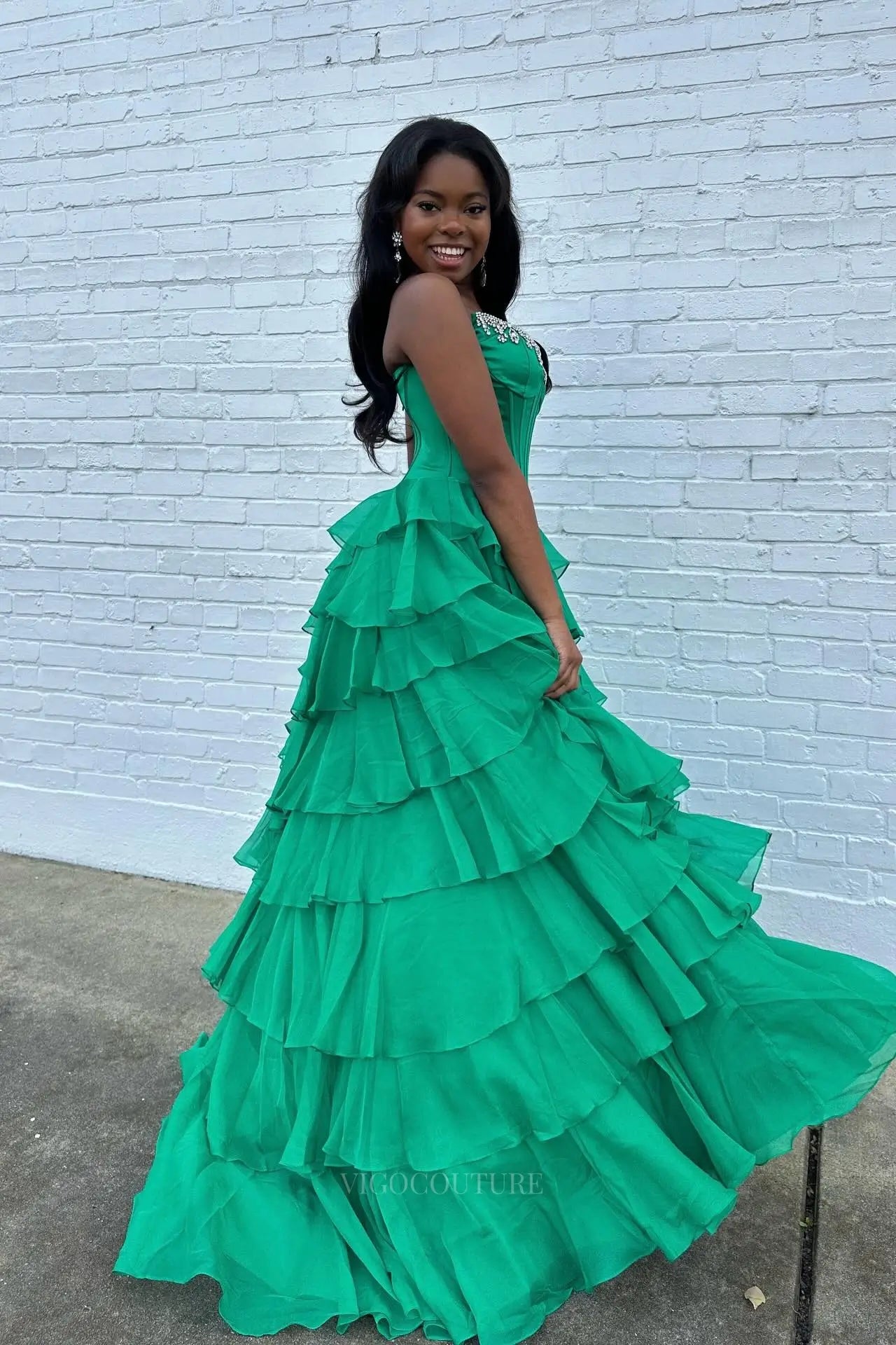 Prom Dresses 2025 to impress Glamorous Tiered Ruffle Prom Dress with Beaded Strapless Corset and High Slit – 26159-vigocouture-vigocouture