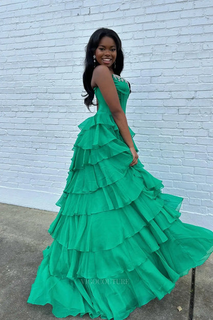 Prom Dresses 2025 to impress Glamorous Tiered Ruffle Prom Dress with Beaded Strapless Corset and High Slit – 26159-vigocouture-vigocouture