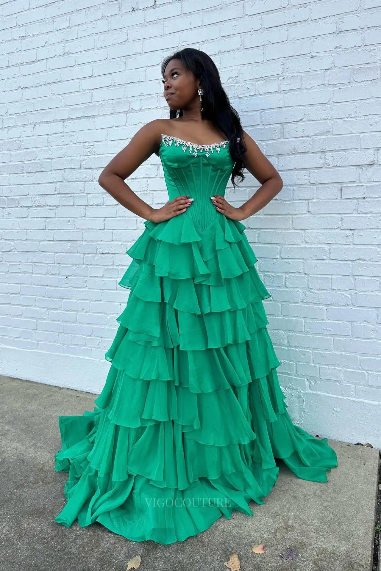 Prom Dresses 2025 to impress Glamorous Tiered Ruffle Prom Dress with Beaded Strapless Corset and High Slit – 26159-vigocouture-vigocouture