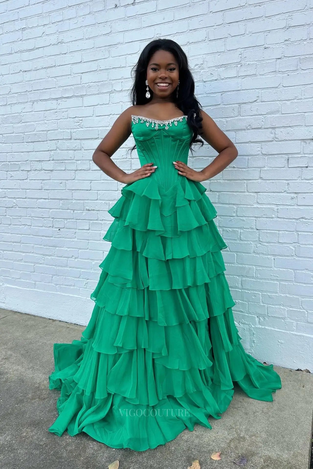 Prom Dresses 2025 to impress Glamorous Tiered Ruffle Prom Dress with Beaded Strapless Corset and High Slit – 26159-vigocouture-vigocouture