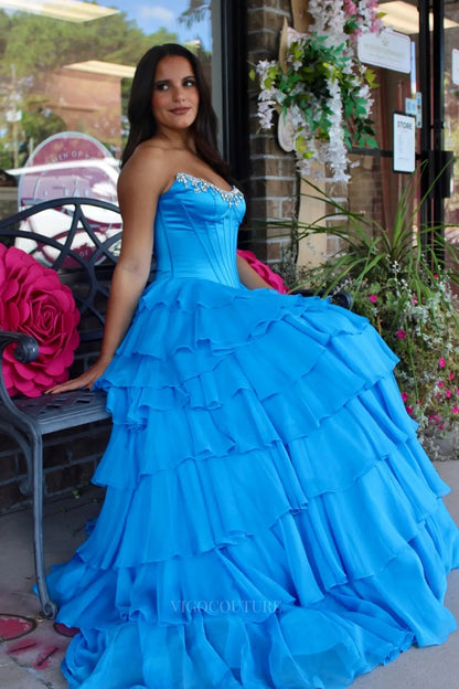 Prom Dresses 2025 to impress Glamorous Tiered Ruffle Prom Dress with Beaded Strapless Corset and High Slit – 26159-vigocouture-vigocouture