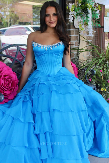 Prom Dresses 2025 to impress Glamorous Tiered Ruffle Prom Dress with Beaded Strapless Corset and High Slit – 26159-vigocouture-Light Blue-US 0-vigocouture