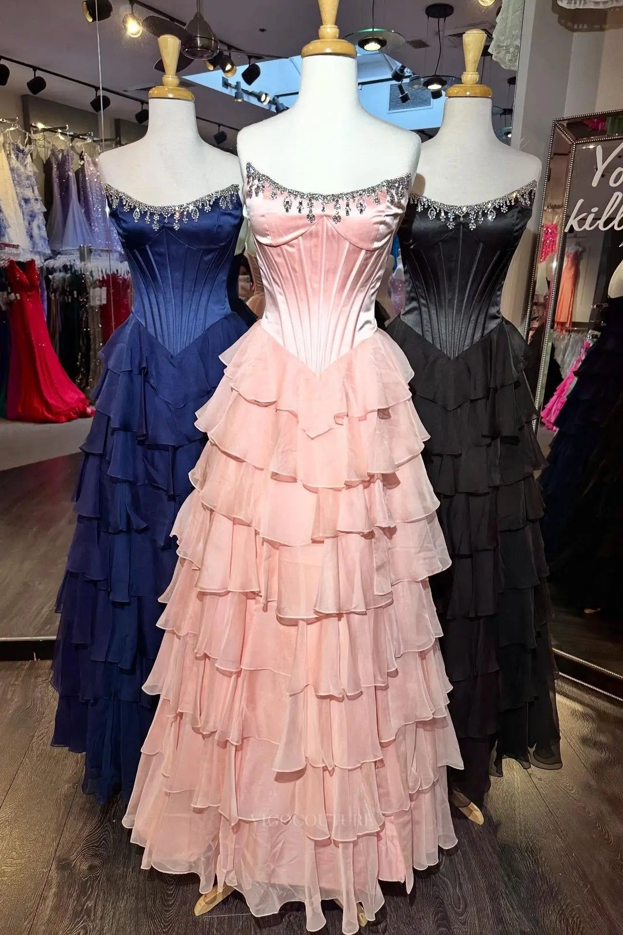 Prom Dresses 2025 to impress Glamorous Tiered Ruffle Prom Dress with Beaded Strapless Corset and High Slit – 26159-vigocouture-Pink-US 0-vigocouture