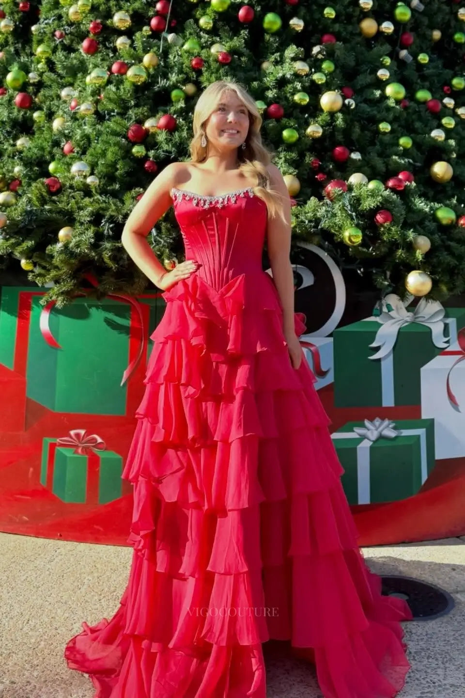Prom Dresses 2025 to impress Glamorous Tiered Ruffle Prom Dress with Beaded Strapless Corset and High Slit – 26159-vigocouture-Red-US 0-vigocouture