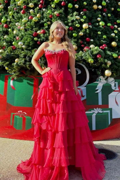 Prom Dresses 2025 to impress Glamorous Tiered Ruffle Prom Dress with Beaded Strapless Corset and High Slit – 26159-vigocouture-Red-US 0-vigocouture