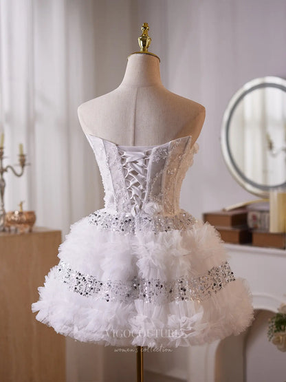 Prom Dresses 2025 to impress Glamorous White Sequin Homecoming Dress with Strapless Corset Bodice & Tiered Ruffle Skirt – 26012-vigocouture-vigocouture