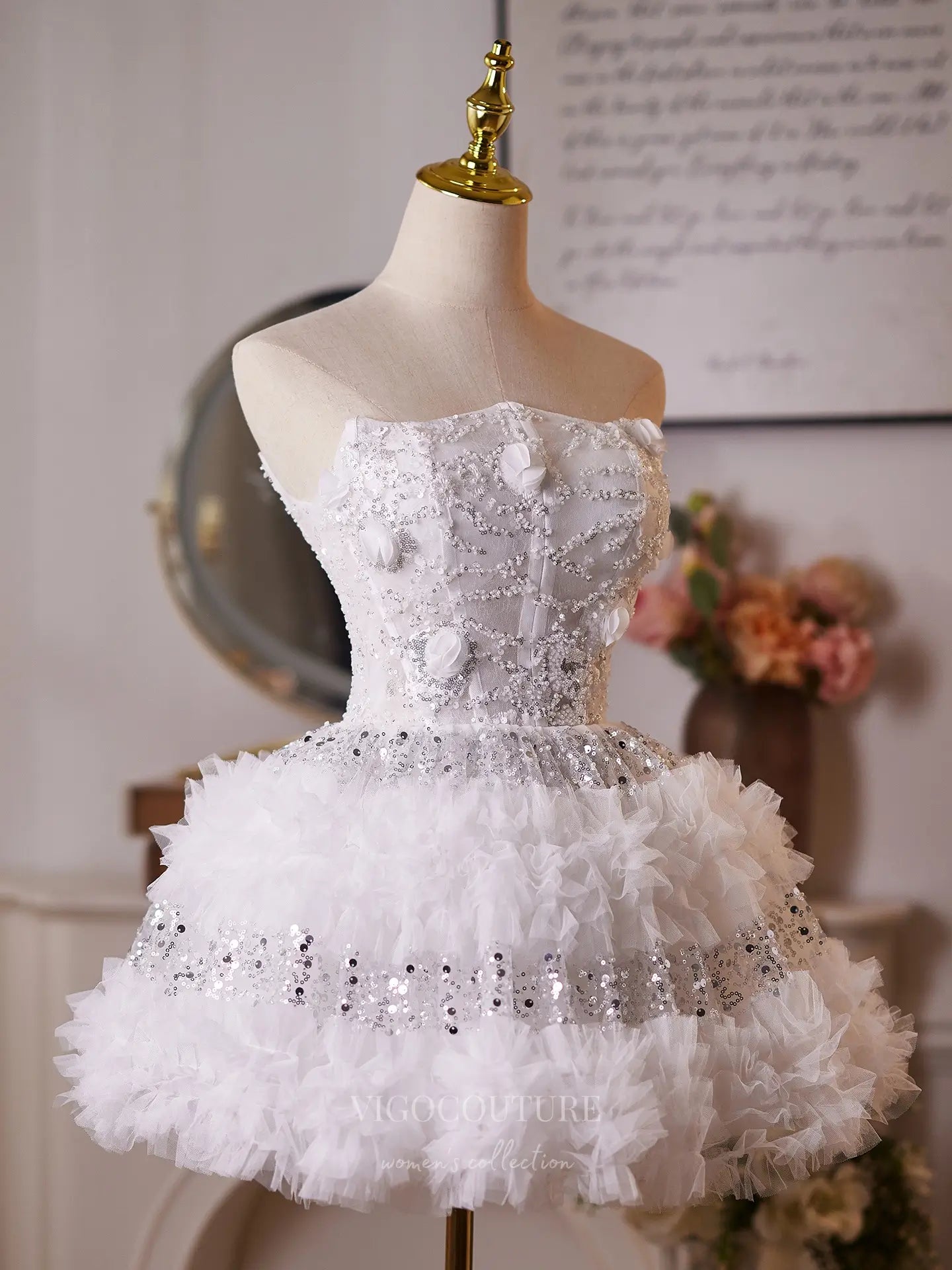 Prom Dresses 2025 to impress Glamorous White Sequin Homecoming Dress with Strapless Corset Bodice & Tiered Ruffle Skirt – 26012-vigocouture-vigocouture