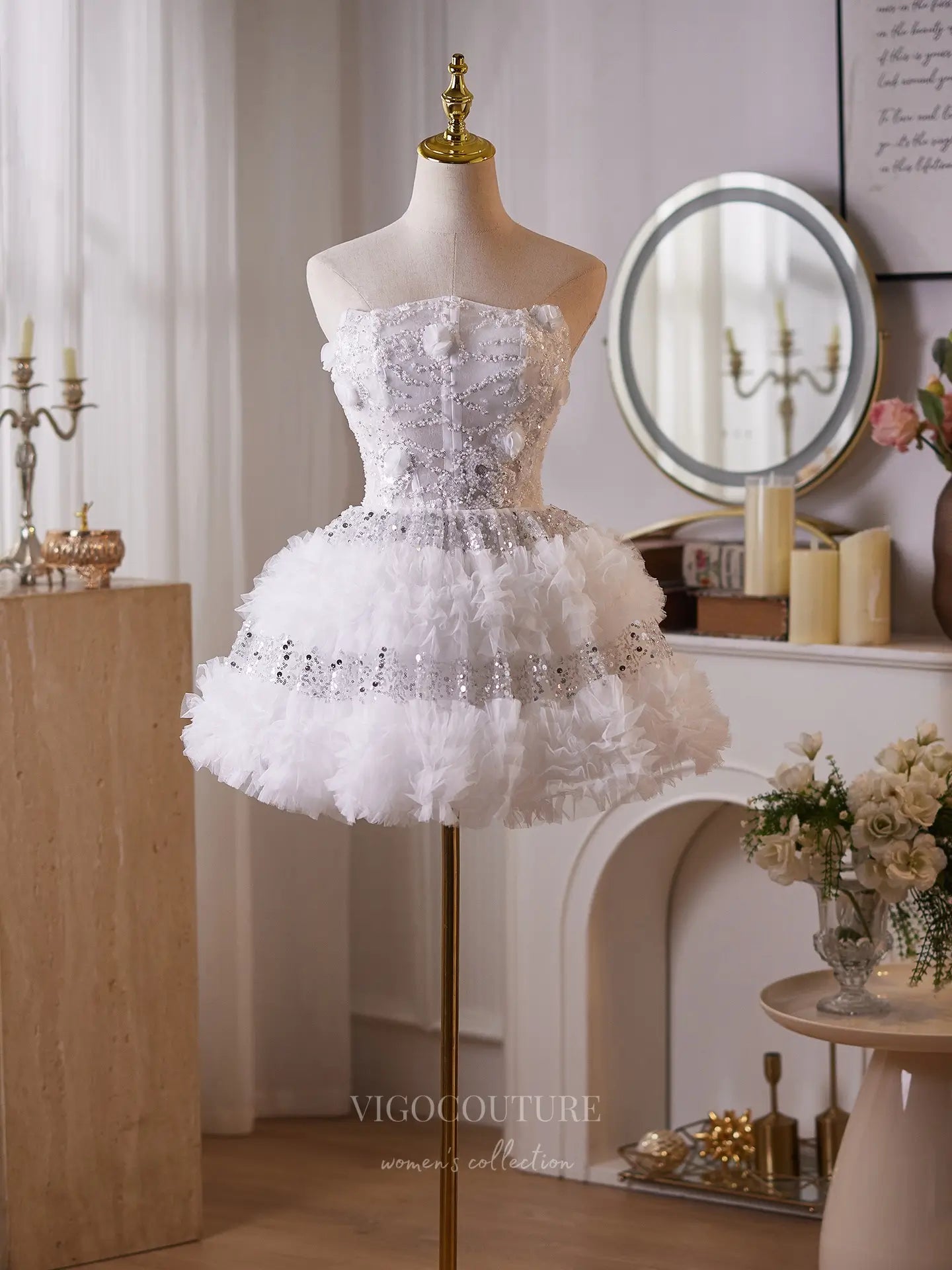 Prom Dresses 2025 to impress Glamorous White Sequin Homecoming Dress with Strapless Corset Bodice & Tiered Ruffle Skirt – 26012-vigocouture-vigocouture