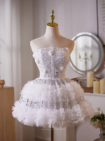 Glamorous White Sequin Homecoming Dress with Strapless Corset Bodice & Tiered Ruffle Skirt – 26012