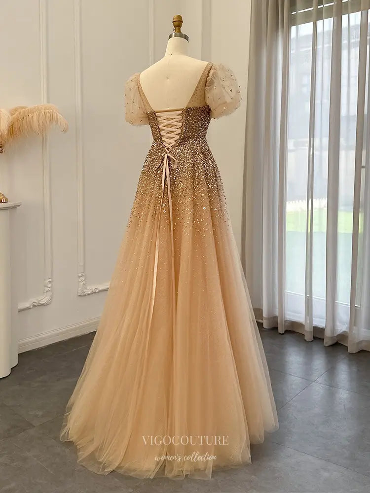 Glitter Ombre Ball Gown with Puff Sleeves Style 25340 Champagne / 2 Glitter Ombre Ball Gown with Puff Sleeves Style 25340 Champagne / 2