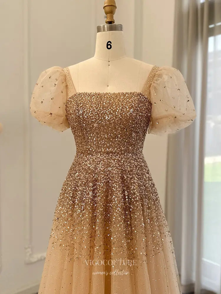 Glitter Ombre Ball Gown with Puff Sleeves Style 25340 Champagne / 2 Glitter Ombre Ball Gown with Puff Sleeves Style 25340 Champagne / 2