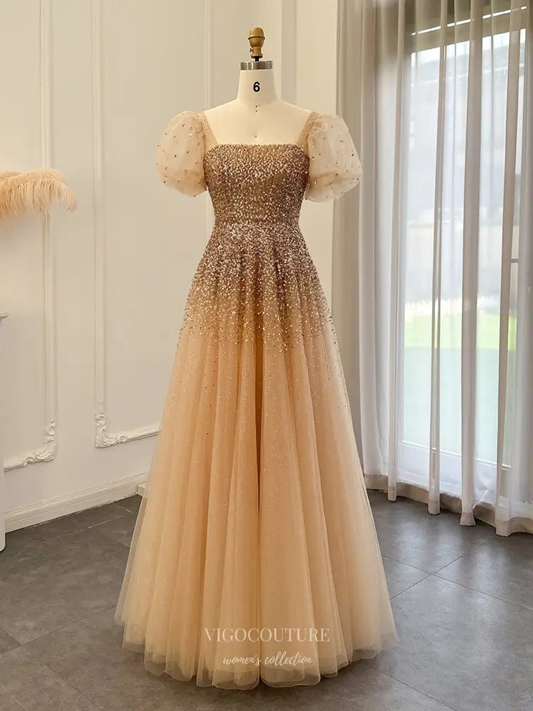 Glitter Ombre Ball Gown with Puff Sleeves – Style 25340 – vigocouture