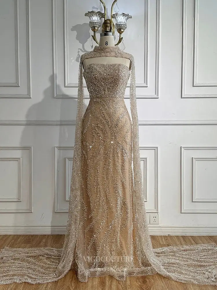 High Neck Glitter Cape Gown with Corset Back  Style 25326  vigocouture
