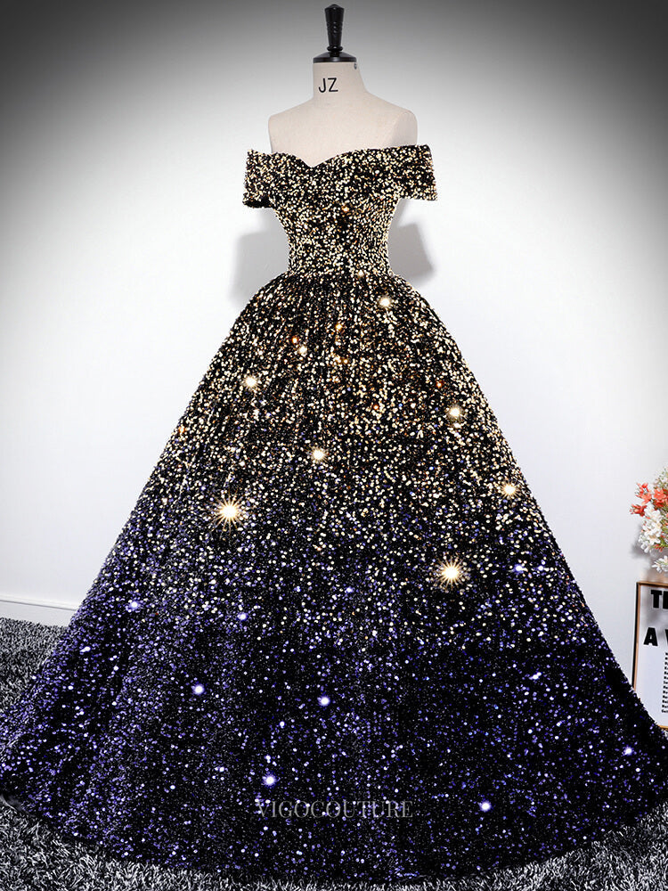 Gold and Purple Sequin Prom Dresses Off the Shoulder Sparkly Quinceane