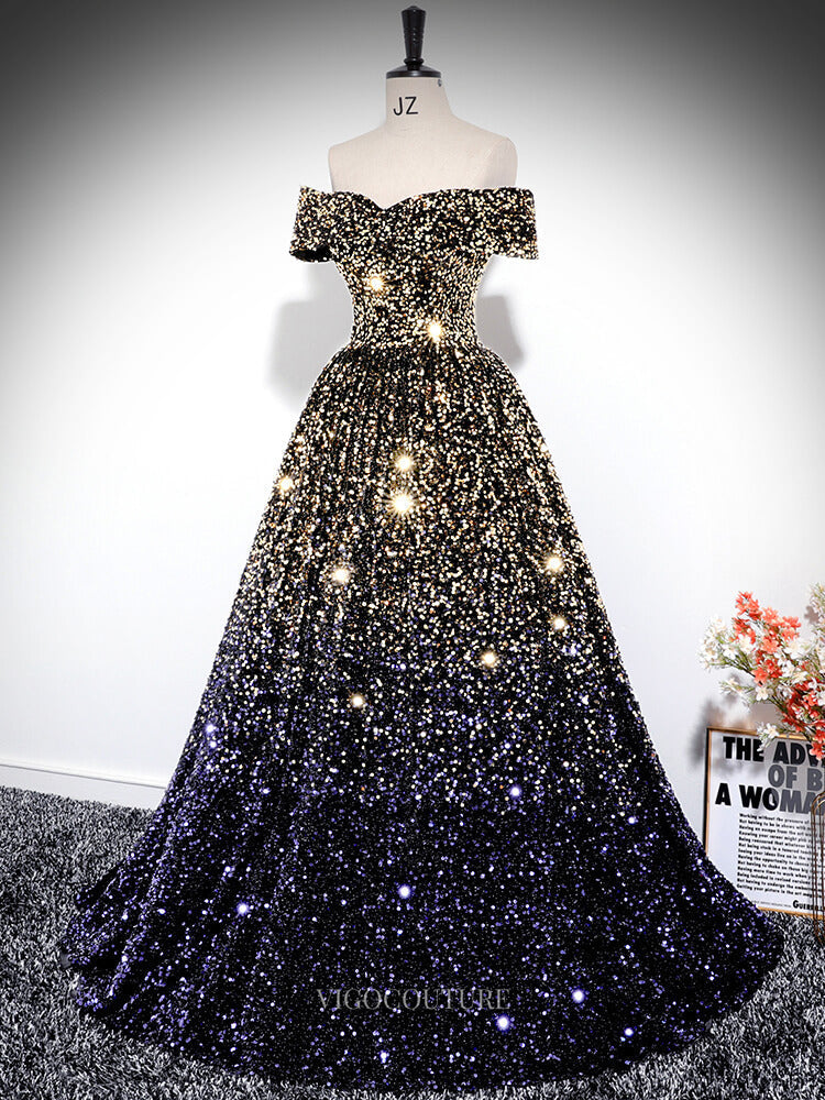 Prom Dresses 2025 to impress Gold and Purple Sequin Prom Dresses Off the Shoulder Sparkly Quinceanera Dresses BG034-vigocouture-vigocouture