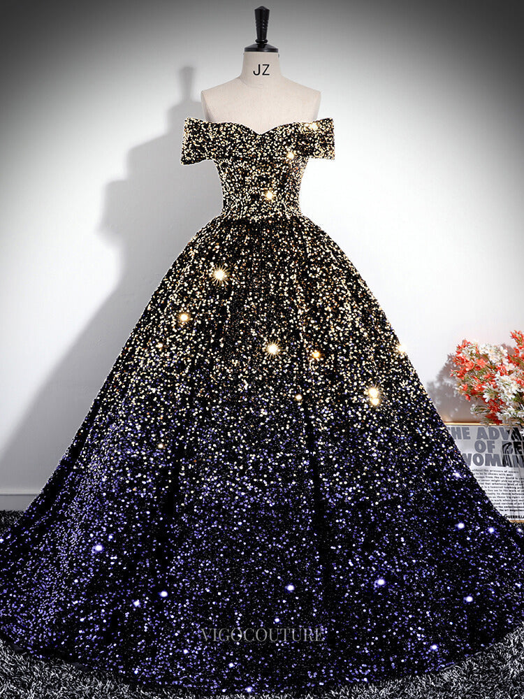 Gold and Purple Sequin Prom Dresses Off the Shoulder Sparkly Quinceane