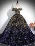 Gold and Purple Sequin Prom Dresses Off the Shoulder Sparkly Quinceanera Dresses BG034