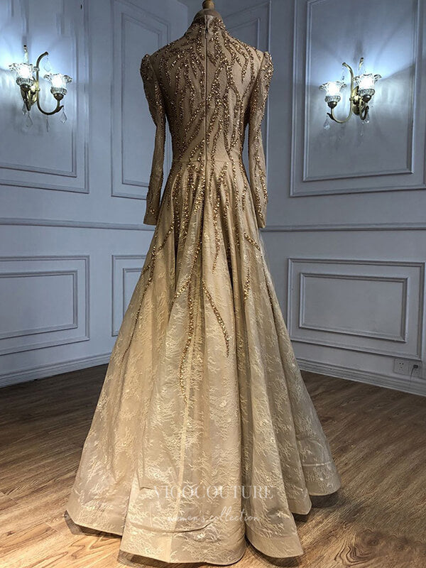 Prom Dress 2025 Gold Beaded Long Sleeve Prom Dresses High Neck Formal Dresses 21268-unique elegant Prom Dresses-Gold-US2-vigocouture