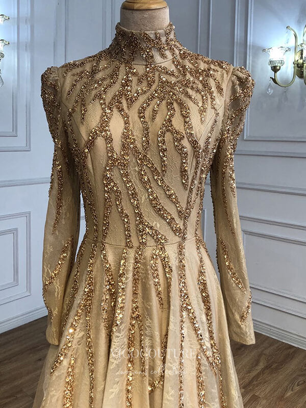 Prom Dress 2025 Gold Beaded Long Sleeve Prom Dresses High Neck Formal Dresses 21268-unique elegant Prom Dresses-Gold-US2-vigocouture