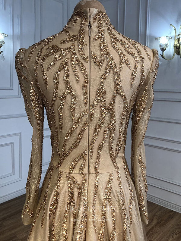 Prom Dress 2025 Gold Beaded Long Sleeve Prom Dresses High Neck Formal Dresses 21268-unique elegant Prom Dresses-Gold-US2-vigocouture