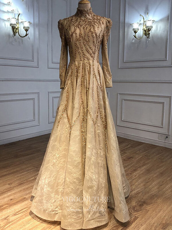 Prom Dress 2025 Gold Beaded Long Sleeve Prom Dresses High Neck Formal Dresses 21268-unique elegant Prom Dresses-Gold-US2-vigocouture