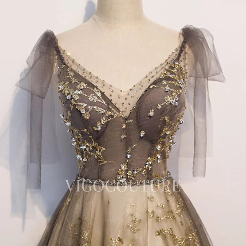 Prom Dress 2025 Gold Beaded Prom Gown Spaghetti Strap Prom Dress 20293-unique elegant Prom Dresses-Taupe-US2-vigocouture