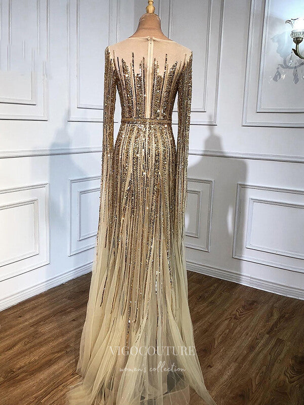 Gold Extra Long Sleeve Prom Dresses Beaded Formal Dresses 21305 Gold / Custom Size Gold Extra Long Sleeve Prom Dresses Beaded Formal Dresses 21305 Gold / Custom Size