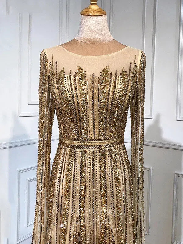 Gold Extra Long Sleeve Prom Dresses Beaded Formal Dresses 21305 vigocouture Gold Extra Long Sleeve Prom Dresses Beaded Formal Dresses 21305 vigocouture
