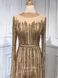 Prom Dress 2025 Gold Extra Long Sleeve Prom Dresses Beaded Formal Dresses 21305-unique elegant Prom Dresses-Gold-US2-vigocouture