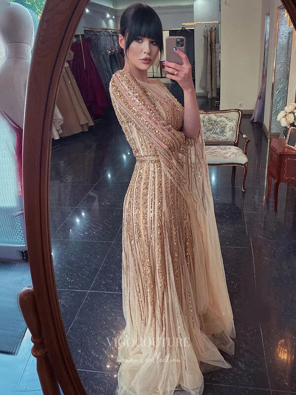 Gold Extra Long Sleeve Prom Dresses Beaded Formal Dresses 21305 Gold / Custom Size Gold Extra Long Sleeve Prom Dresses Beaded Formal Dresses 21305 Gold / Custom Size