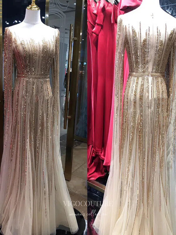 Gold Extra Long Sleeve Prom Dresses Beaded Formal Dresses 21305 Gold / Custom Size Gold Extra Long Sleeve Prom Dresses Beaded Formal Dresses 21305 Gold / Custom Size
