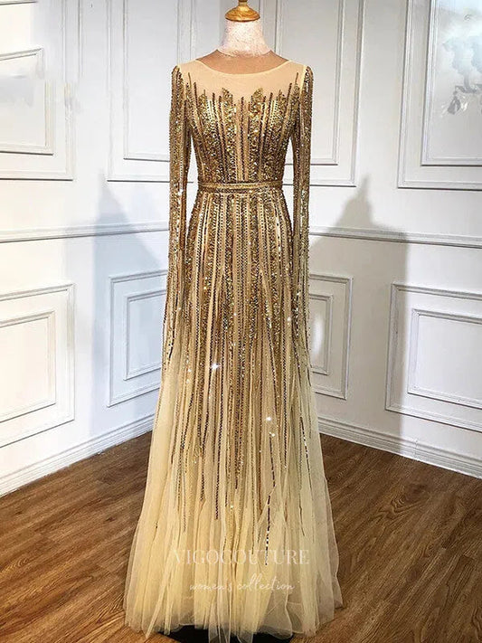 Prom Dress 2025 Gold Extra Long Sleeve Prom Dresses Beaded Formal Dresses 21305-unique elegant Prom Dresses-Gold-US2-vigocouture