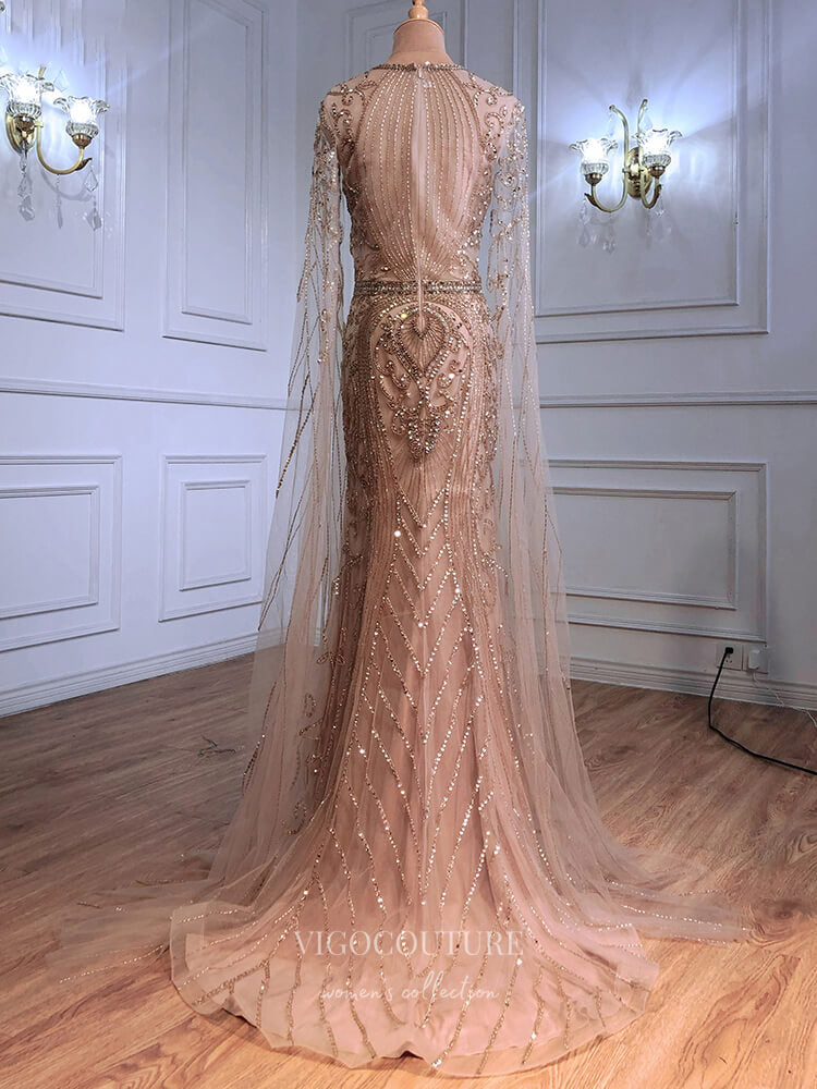 Prom Dress 2025 Gold Extra Long Sleeve Prom Dresses Beaded Mermaid Formal Dresses 21300-unique elegant Prom Dresses-Gold-US2-vigocouture