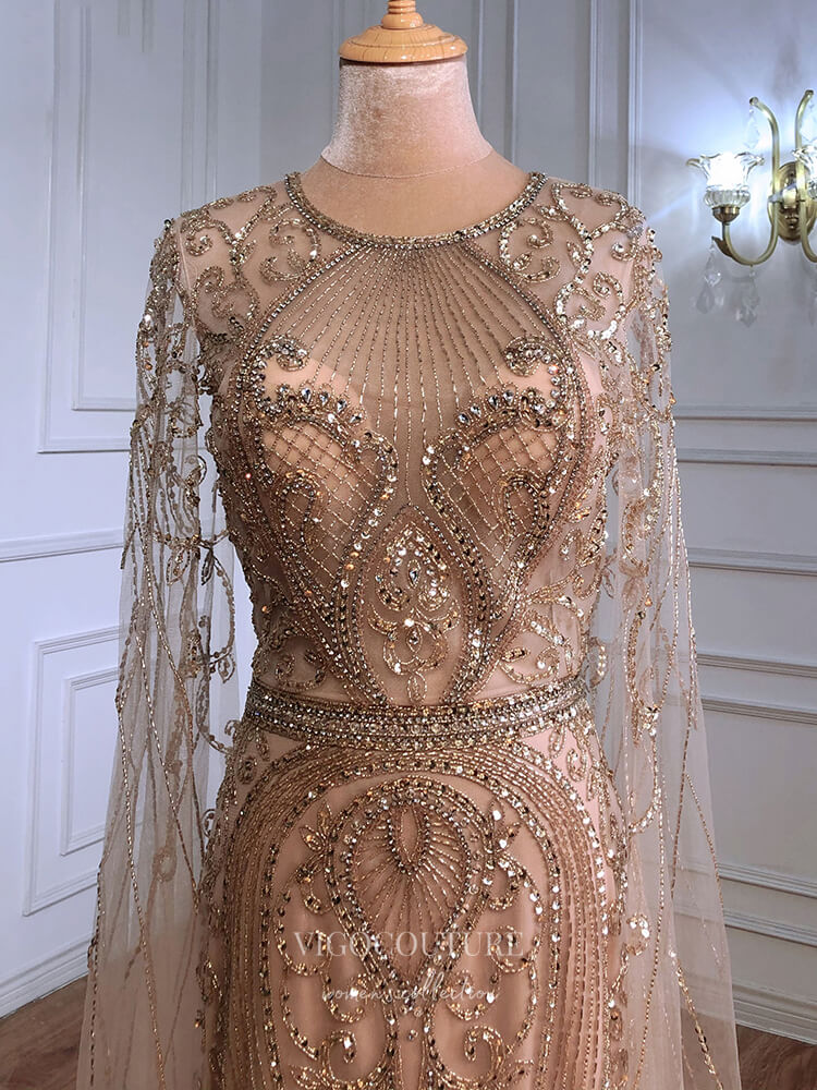 Prom Dress 2025 Gold Extra Long Sleeve Prom Dresses Beaded Mermaid Formal Dresses 21300-unique elegant Prom Dresses-Gold-US2-vigocouture