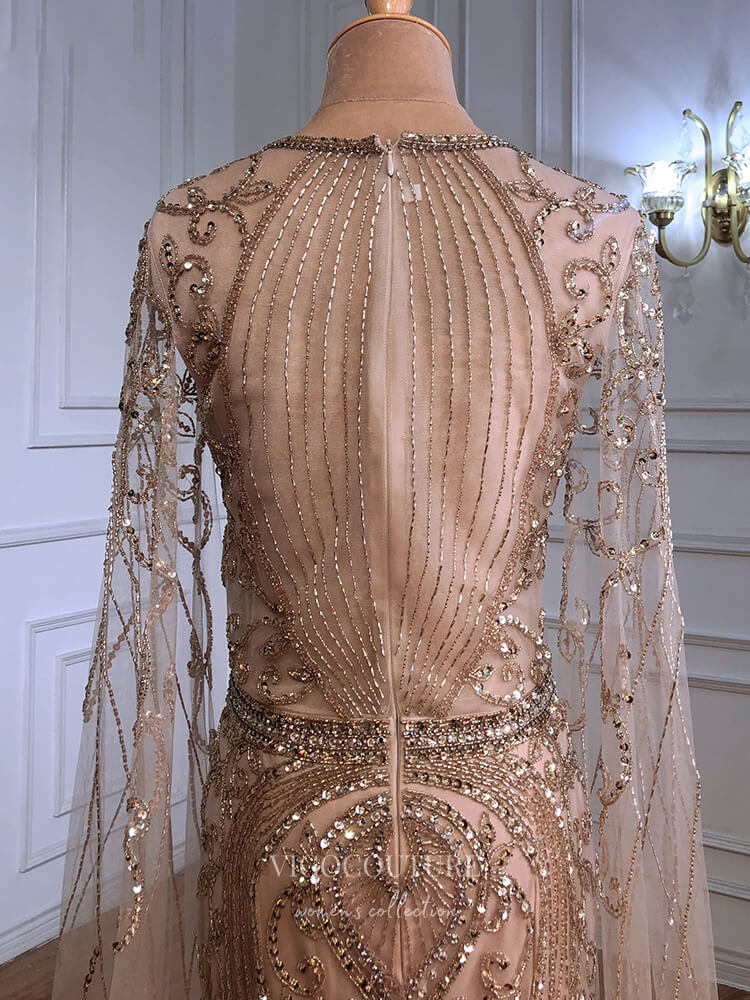 Gold Extra Long Sleeve Prom Dresses Beaded Mermaid Formal Dresses 21300 Gold / US8 Gold Extra Long Sleeve Prom Dresses Beaded Mermaid Formal Dresses 21300 Gold / US8