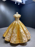 Prom Dress 2025 Gold Lace Applique Ball Gown Sequin Formal Dresses 66536C-unique elegant Prom Dresses-Gold-Custom Size-vigocouture