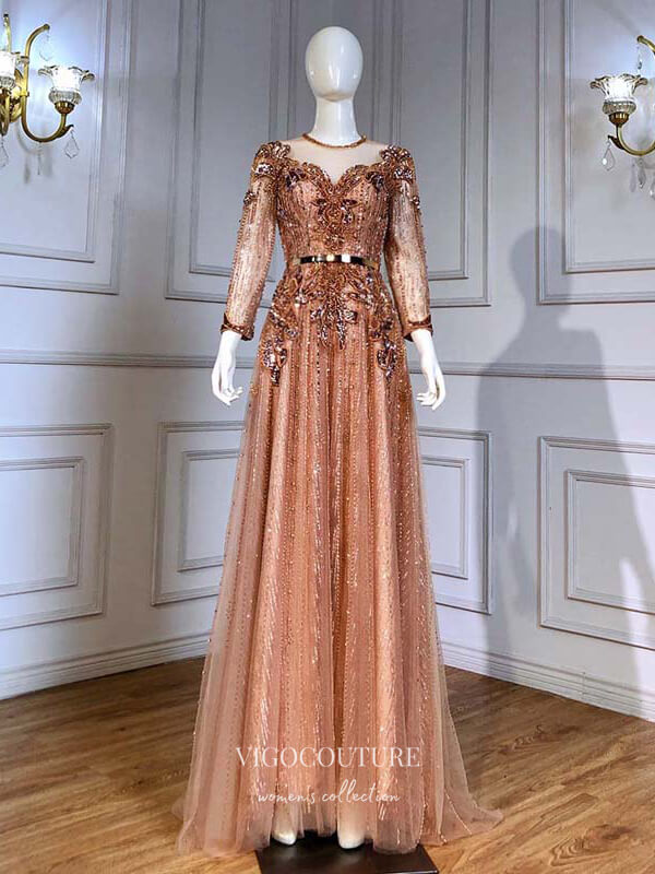 Prom Dress 2025 Gold Long Sleeve Formal Dresses Beaded Round Neck Evening Dresses 21527-unique elegant Prom Dresses-Gold-US2-vigocouture