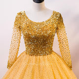 vigocouture-Gold Long Sleeve Quinceanera Dresses Sequin Ball Gown 20413-Prom Dresses-vigocouture-