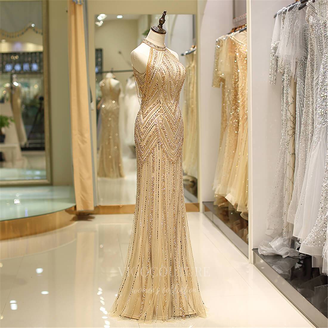 Prom Dress 2025 Gold Mermaid Beaded Prom Dress 20252-unique elegant Prom Dresses-Gold-US2-vigocouture