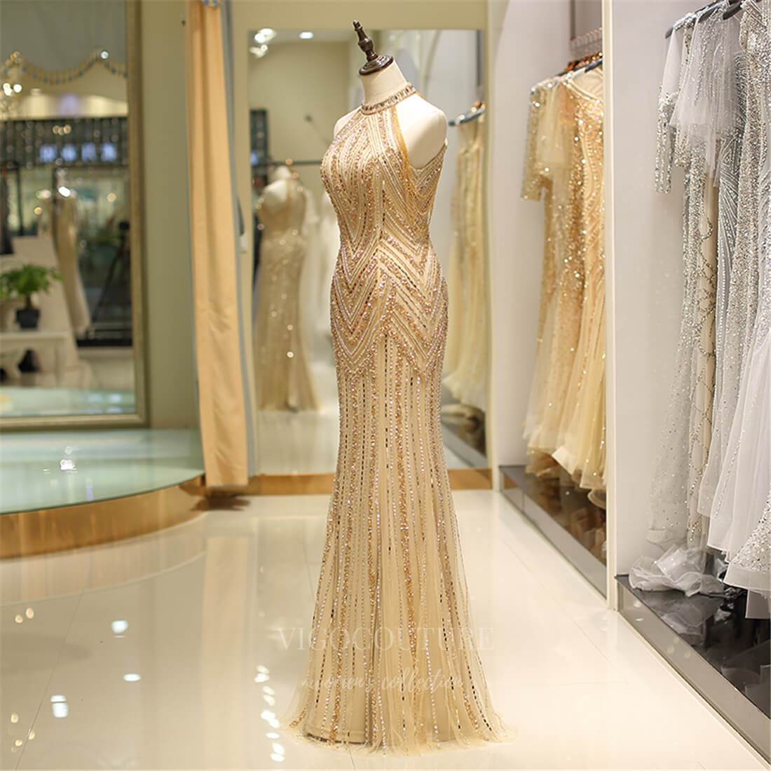 Prom Dress 2025 Gold Mermaid Beaded Prom Dress 20252-unique elegant Prom Dresses-Gold-US2-vigocouture