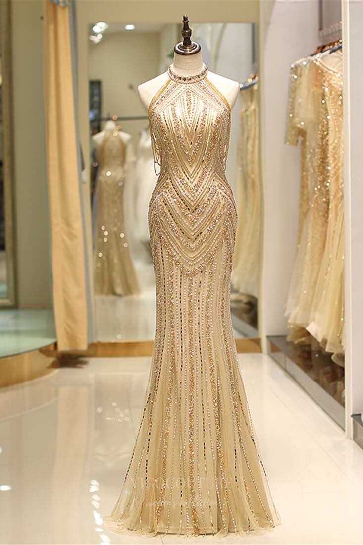 Prom Dress 2025 Gold Mermaid Beaded Prom Dress 20252-unique elegant Prom Dresses-Gold-US2-vigocouture