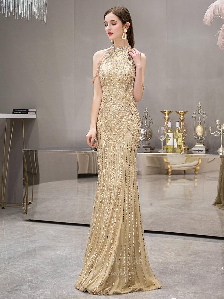 Prom Dress 2025 Gold Mermaid Beaded Prom Dress 20252-unique elegant Prom Dresses-Gold-US2-vigocouture