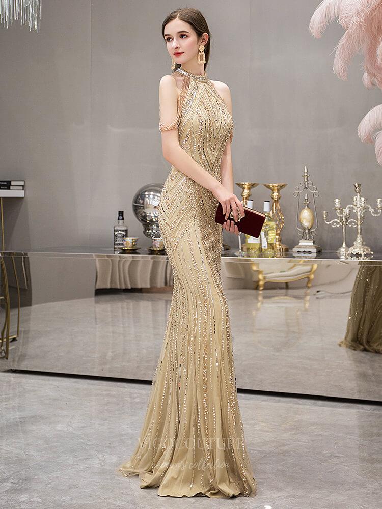 Prom Dress 2025 Gold Mermaid Beaded Prom Dress 20252-unique elegant Prom Dresses-Gold-US2-vigocouture