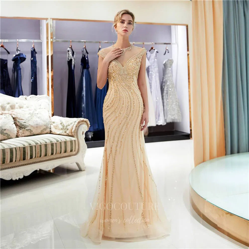 Prom Dress 2025 Gold Mermaid Beaded Prom Dress 20275-unique elegant Prom Dresses-Gold-US2-vigocouture