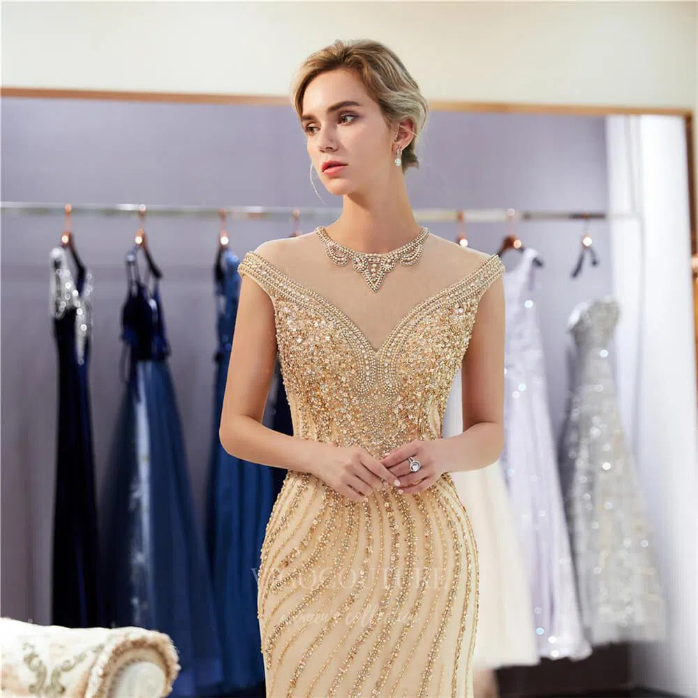 Prom Dress 2025 Gold Mermaid Beaded Prom Dress 20275-unique elegant Prom Dresses-Gold-US2-vigocouture