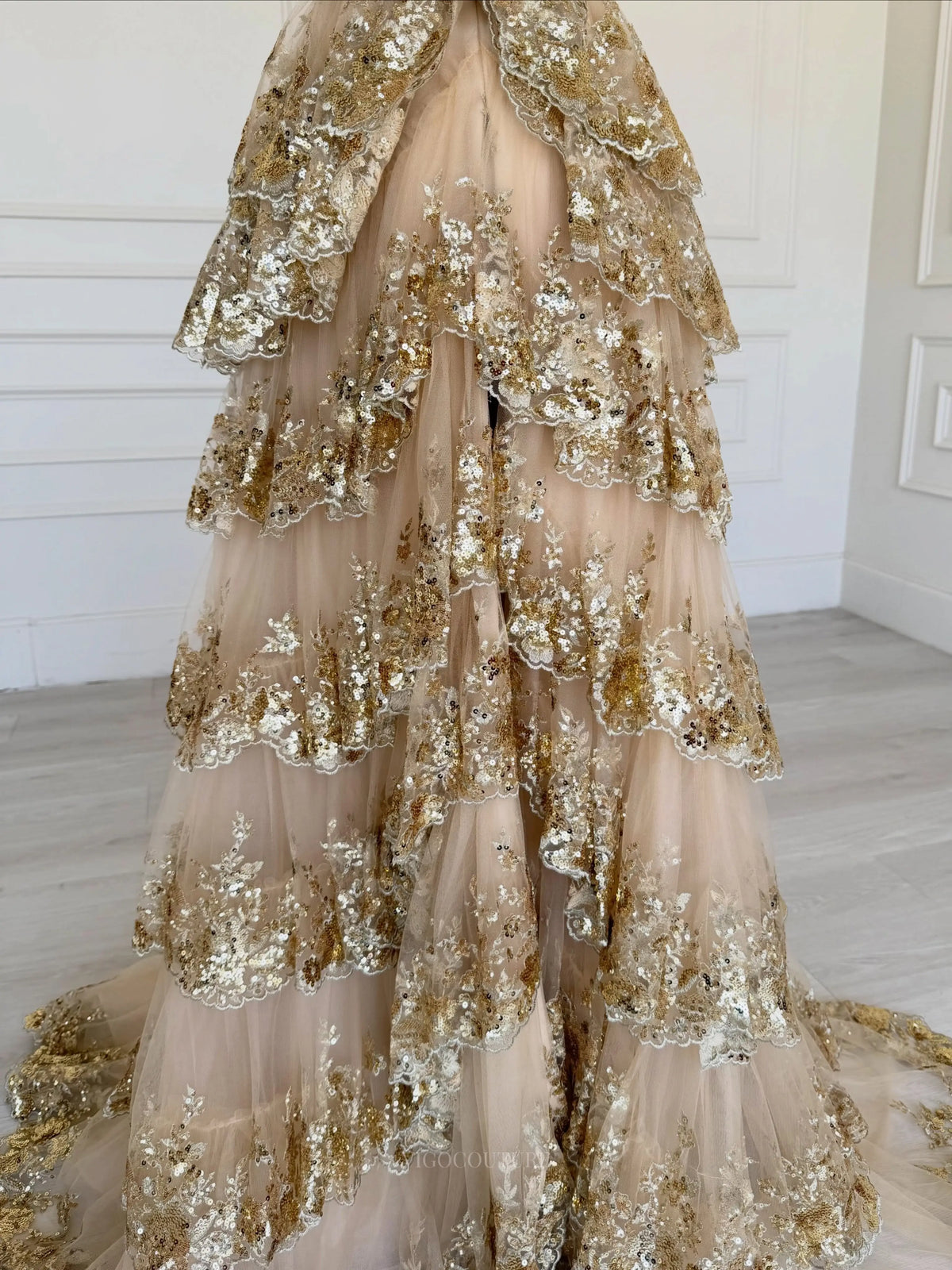 Prom Dresses 2025 to impress Gold Off-Shoulder Sequin Prom Dress with Lace Corset and Tiered Ball Gown Skirt - P26024-vigocouture-vigocouture