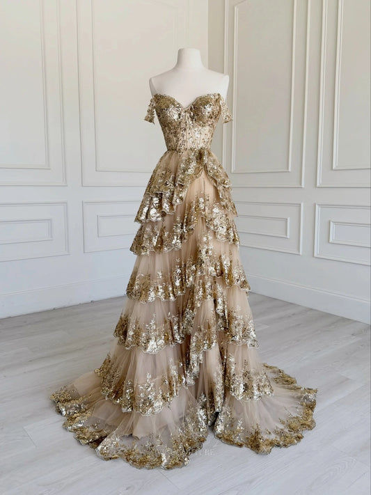 Prom Dresses 2025 to impress Gold Off-Shoulder Sequin Prom Dress with Lace Corset and Tiered Ball Gown Skirt - P26024-vigocouture-vigocouture