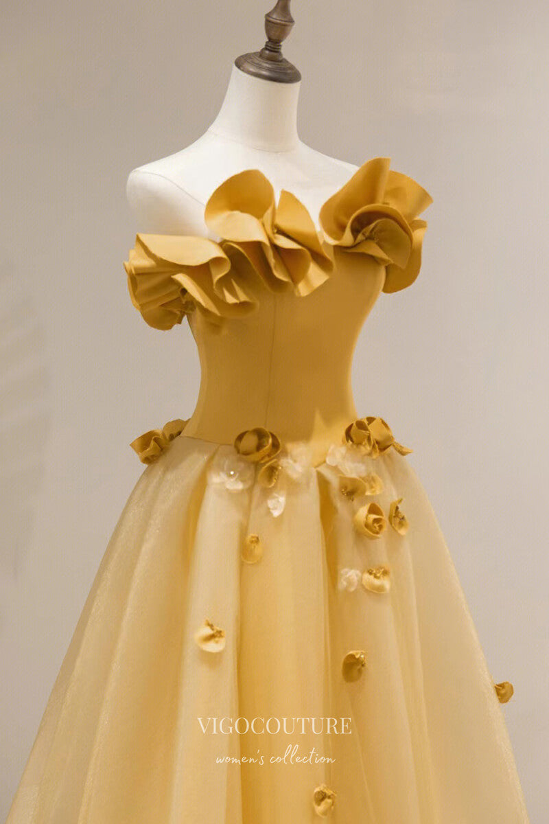 Strapless Yellow Floral Long Prom Dresses, Strapless Yellow Long Formal Evening Dresses, US 12 / Yellow as Pics / No Rush Strapless Yellow Floral Long Prom Dresses, Strapless Yellow Long Formal Evening Dresses, US 12 / Yellow as Pics / No Rush