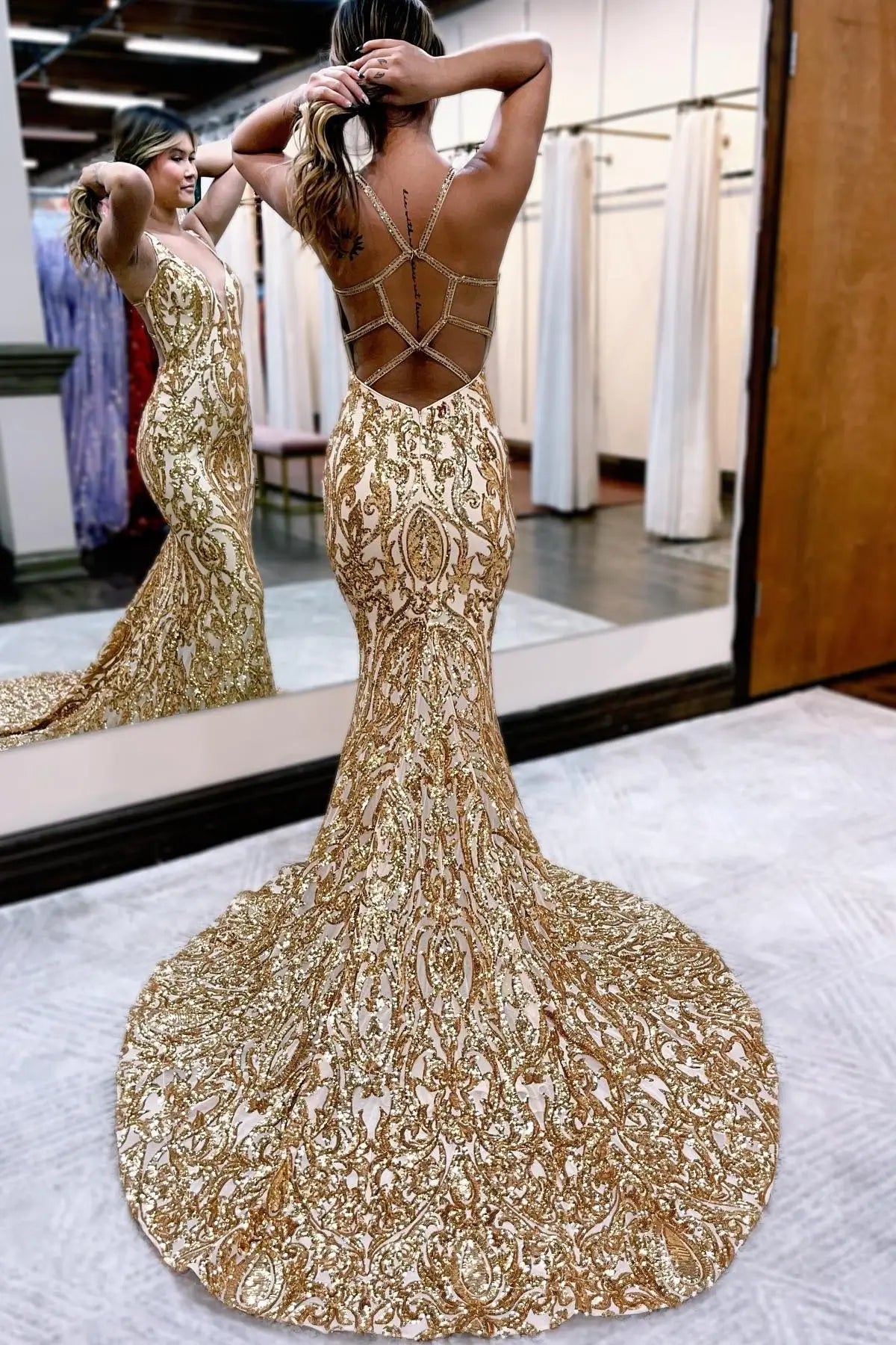 Prom Dresses 2025 to impress Gold Sequin Lace Mermaid Prom Dress with Illusion Plunge and Strappy Open Back – 26114-vigocouture-vigocouture