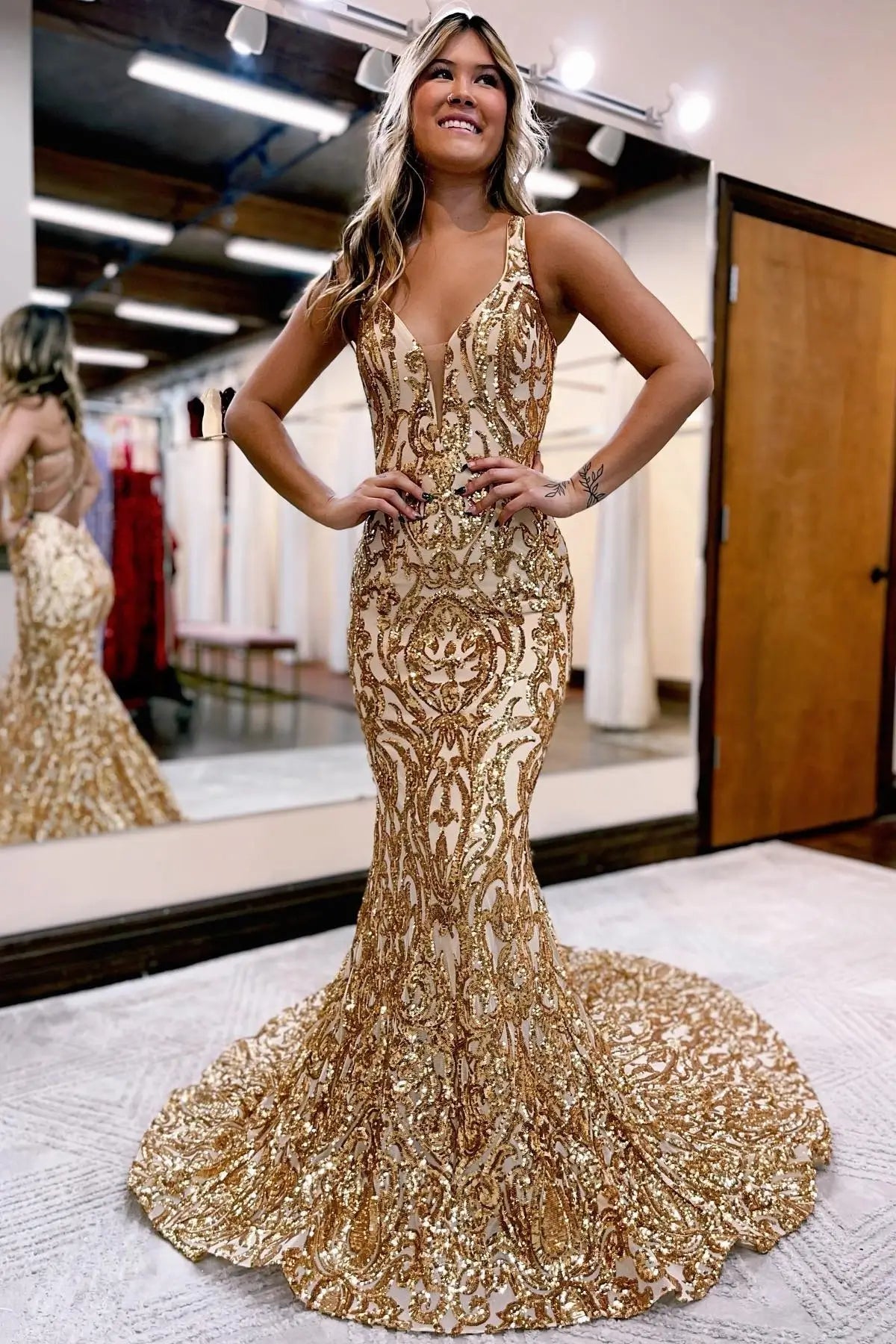 Prom Dresses 2025 to impress Gold Sequin Lace Mermaid Prom Dress with Illusion Plunge and Strappy Open Back – 26114-vigocouture-vigocouture